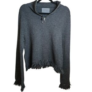 Zoë Jordan Cashmere Wool Herringbone Zip Mock Neck Sweater Fringe Hem L